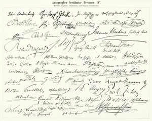 Autogramy slavných osobností: skladatelů, hudebníků a anglických, francouzských a německých spisovatelů (rytina) od German School