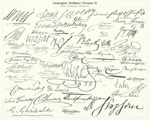 Autogramy slavných lidí: státníci, princové, generálové atd. (rytina) od German School