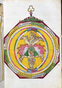 BT1.70.2 Volvelleor se zvěrokruhem, ilustrace z Astronimicum Caesareum od Petera Apiana (Bennewitz) (1495-1552) pub. v Ingolstadtu, 1540 (barevný dřevoryt)