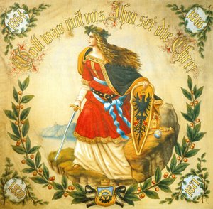 Prapor s vyobrazením Germanie, symbolu sjednoceného Německa, cca 1918 (tisk) od German School