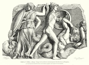 Bitva mezi bohy a titány a obry, starověký řecký reliéf z Pergamonu (litho) od German School