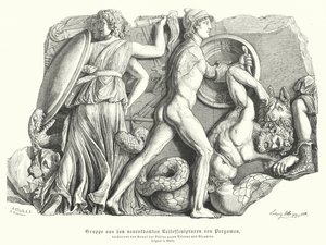 Bitva mezi bohy a titány a obry, starověký řecký reliéf z Pergamonu (rytina) od German School