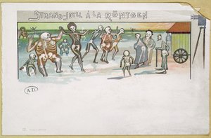 Plážová idyla ve stylu Rontgen, karikatura o rentgenových snímcích, cca 1896-99 (barevná rytina) od German School