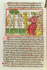 Belial představuje Adama a Evu Šalomounovi, ilustrace z německého překladu Das Buch Belial, 1473 (barevný dřevoryt) od German School