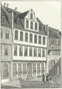 Místo narození německého spisovatele a státníka, Johann Wolfgang von Goethe, Frankfurt, Německo (rytina) od German School