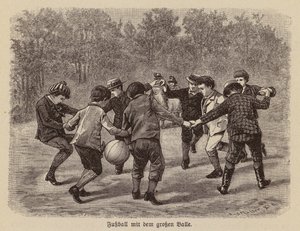 Chlapci hrající fotbal s velkým míčem (rytina) od German School