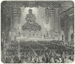 Buddhisté uctívající v klášteře v Pekingu (rytina) od German School