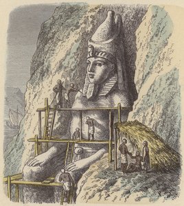 Vyřezávání sochy starověkého egyptského faraona ze skalní stěny (barevná rytina) od German School