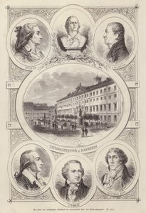 Stoleté výročí Dvorního a Národního divadla, Mannheim, Německo (rytina) od German School