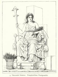 Ceres, římská bohyně sklizně, trůnící, nástěnná malba z Pompejí (rytina) od German School