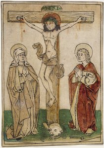 Kristus na kříži s Marií a svatým Janem, kolem 1470-80 (ručně kolorovaný dřevoryt na pergamenu) od German School
