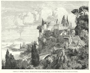 Pobřeží Neapolského zálivu ze starověkého římského města Baiae, Cape Miseno, s Vesuvem v dálce (litho) od German School