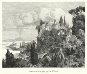 Pobřeží Neapolského zálivu ze starověkého římského města Baiae, Cape Miseno, s Vesuvem v dálce (rytina) od German School