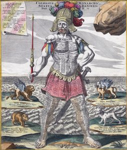 Kolosální král obkročmo na svém impériu, kolem roku 1750 (rytina) od German School