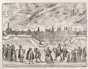 Kometa viděná nad Augsburgem koncem listopadu 1618, z Cometen Historia, hospoda. 1618 od German School