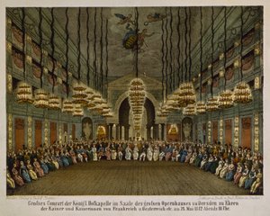 Koncert královské kapely v hledišti drážďanské opery na počest císařského páru, 1812 (barevné lito) od German School