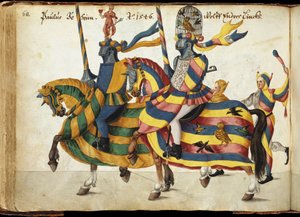 Soutěžící vybaveni pro turnaj, cca 1640 (pero a inkoust, akvarel a barvy) od German School