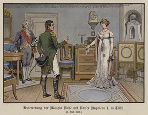 Rozhovor mezi královnou Louise Pruskou a císařem Napoleonem I. v Tilsitu, 6. července 1807 (barevně lito) od German School