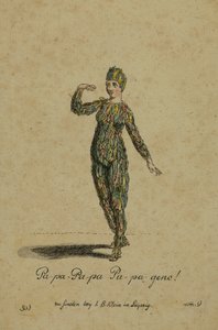 Kostýmní návrh pro roli Papagena v opeře Kouzelná flétna Wolfganga Amadea Mozarta, vydal I. B. Klein v Lipsku, 1793 (barevná rytina) od German School