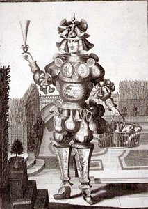 Kostým pro obchodníka se sklem a nádobím, hospoda. od Gerarda Valcka (1651/2-1726) kolem 1690 (rytina) od German School