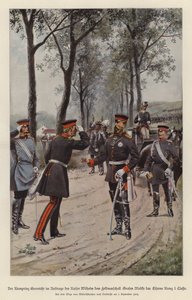 Korunní princ Frederick z Německa uděluje polnímu maršálu Helmuth von Moltke Železný kříž jménem svého otce císaře Viléma I. (barva lito) od German School