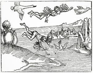Daedalus, útěk z Kréty se svým synem Ikarem, ho vidí padat k smrti, 1493 (dřevoryt) od German School