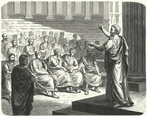 Demosthenes mluví proti Filipovi II Makedonskému od German School