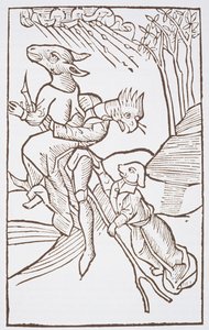 Odjezd na sabat, kopie ilustrace z knihy Von den Unholden oder Hexen od Ulricha Moliora, Constanz 1489, použitá v Historii magie, publikované koncem 19. století od German School
