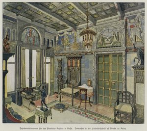Design pro pokoj v královském paláci v Sofii, Bulharsko, vyrobeno továrnou na nábytek A Bembe v Mohuči, Německo (barevné rytí) od German School
