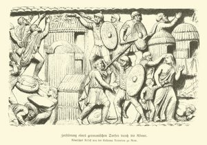 Zničení germánské vesnice římskými vojáky (rytina) od German School