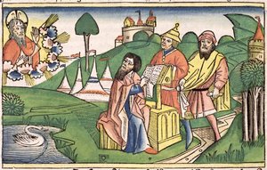Deuteronomium: Frontispis, ve kterém Bůh činí zákony, z norimberské bible (Biblia Sacra Germanaica) (barevný dřevoryt) od German School