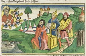 Deuteronomium: Frontispis, ve kterém Bůh činí zákony, z norimberské bible (Biblia Sacra Germanaica) (barevný dřevoryt) od German School