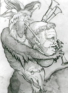 Devil Playing Mans Head as Bagpipes, 1144 (dřevořez) od German School