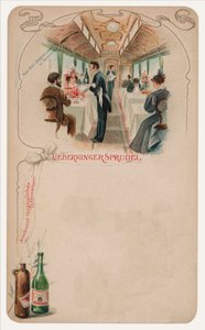 Jídelní vůz ve vlaku, reklama na stolní vodu Ueberkinger Sprudel (chromolitho) od German School