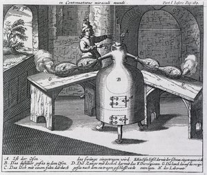 Destilace kyseliny dusičné (Aqua fortis neboli dělící kyselina) v železném muži se dvěma nosy od German School