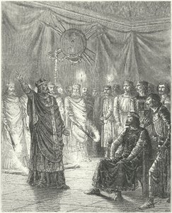Edmund Rich, arcibiskup z Canterbury, vyhrožuje králi Jindřichu III. exkomunikací od German School