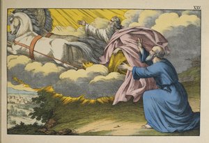 Eliáš vystupuje do nebe ve vichřici a nechává svého žáka Elizea, aby pokračoval ve svém díle, ilustrace z LAncien Testament, vydal Jakob Ferdinand Schreiber, Esslingen (barevná rytina) od German School