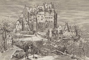 Hrad Eltz, v kopcích nad řekou Moselle, Německo, jak vypadal na konci 16. století (litho) od German School