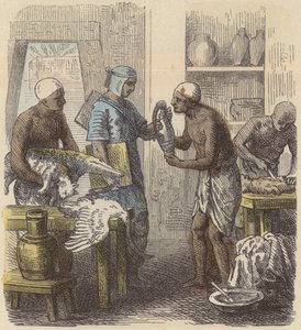 Balzamování zvířat ve starověkém Egyptě (barevné rytí) od German School