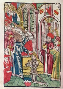 Císař Zikmund (1367-1437) Lucemburský dabující rytíře (barevný dřevoryt) od German School