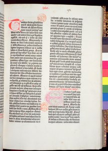 Konec Pentateuchu a začátek Knihy Jozue, z Gutenbergovy bible, tisk Johannes Gutenberg (asi 1400-68) a Peter Schoeffer (1425-1502) v Mohuči, 1454-56 (tištěný papír)