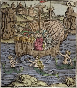Eneide de Virgil (70 př. n. l. – 19 př. n. l.), trojští hrdinové Enee a jeho společníci překračují moře plné sirén. Xylografie od Sebastiana Branta (1458-1521). Štrasburk od German School