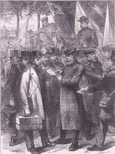 Angličtí obyvatelé opouštějící Paříž, Cassells History of the War between France and Germany vydané nakladatelstvím Cassell and Company Limited, kolem roku 1890 (litho) od German School