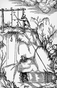 Rytina z De re metallica (O povaze kovů), od Georga Pawera nebo Georgiuse Agricoly (1494-1555), publikovaná v Basileji od German School
