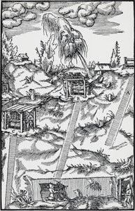 Rytina z De re metallica (O povaze kovů), od Georga Pawera nebo Georgiuse Agricoly (1494-1555), publikovaná v Basileji od German School
