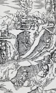 Rytina z De re metallica (O povaze kovů), od Georga Pawera nebo Georgiuse Agricoly (1494-1555), publikovaná v Basileji od German School