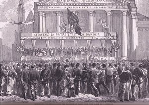 Zapisování dobrovolníků na obranu Paříže, Cassells History of the War between France and Germany vydané nakladatelstvím Cassell and Company Limited, kolem roku 1890 (litho) od German School
