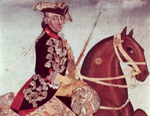 Jezdecký portrét pruského krále Fridricha Velikého (1712-86) (wc a zlatá nit na papíře) od German School