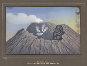 Erupce z hory Merapi, Pl.III, Topografický a vědecký atlas pro cestu přes Jávu, Dr Fr. Junghuhn, Magdeburg 1845 od German School