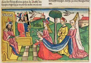 Esther 2 15-18, Ester je vybrána za královnu perským králem Ahasverem z norimberské bible (Biblia Sacra Germanaica) (barevný dřevoryt) od German School